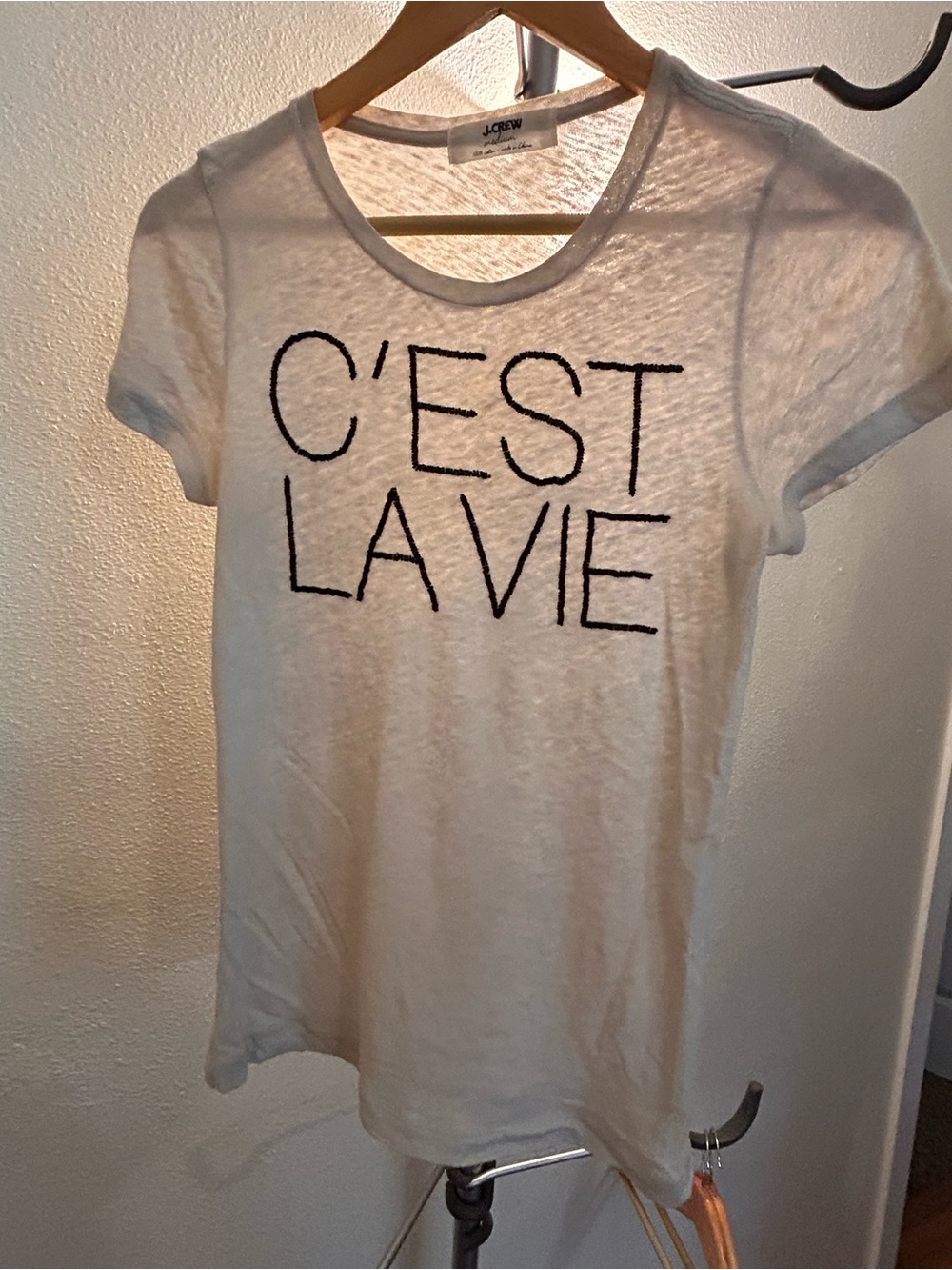 J. Crew White Short-Sleeve 'C'EST LA VIE' Graphic Tee with Beaded Letters